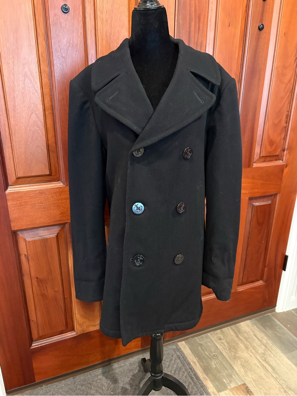 Us Navy Peacoat Mens 38L Black 100% Wool Coat Anchor Buttons DSCP Enlisted